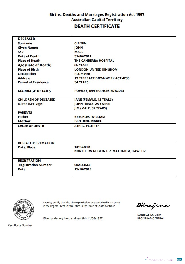Download Australia Australian Capital Territory death certificate template in Word Photoshop template